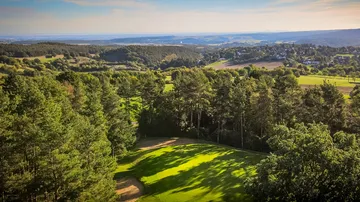 Green landscape with trees, light falling gently, hilly surroundings.