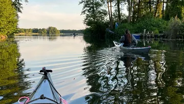 Kayak on calm water between trees.