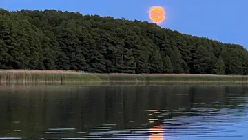 Sunset reflected on calm water surrounded by trees.