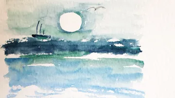 Boat swims in the ocean under a big, bright moon.