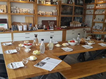 A set table with food in a modern space.