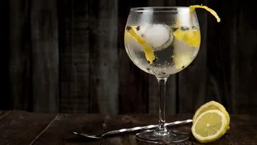 Ein Glas mit Sprudelwasser und Zitronenscheiben auf Holztisch.