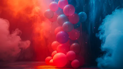 Bunte Ballons schweben zwischen buntem Nebel und Licht.