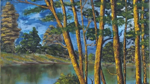 Trees reflect in water, surrounded by greenery and sky.