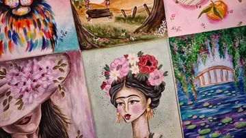 Six colorful paintings depict various scenes and styles.
