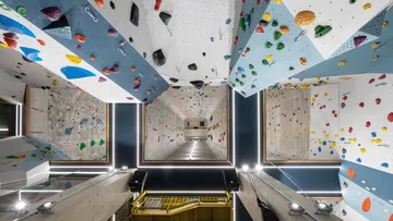 Boulderwand in einem vertikalen Kletterraum mit bunten Griffen.
