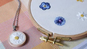 Ein Stickrahmen mit Blumenmotiven und einem Anhänger.