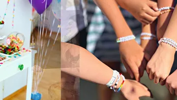 Armbänder werden von mehreren Händen bei einer Feier gezeigt.