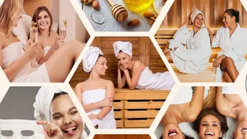 Women relax, drink sparkling wine, in a wellness spa.