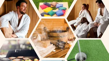Sauna mit Entspannenden, Menschen in Bademänteln und Wellness-Elementen.