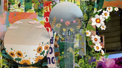 Colourful floral patterns on round surfaces against collaged backgrounds.