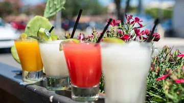 Bunte Cocktails stehen vor blühenden Pflanzen in der Sonne.