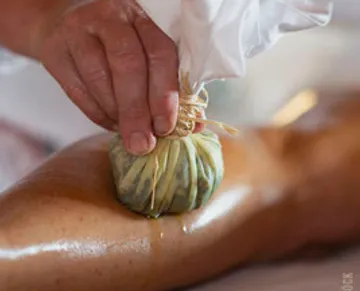 A hand holds a herb bag on oily skin.