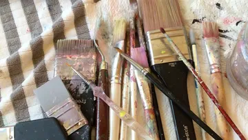 Brushes and tools are scattered on a cloth.