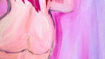 A naked figure stands against a pink background.