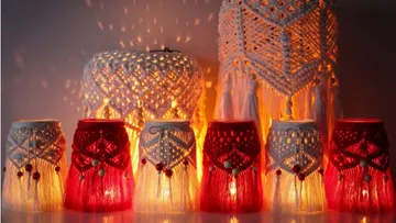 Colorful lamps glow in a dark room.