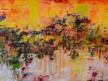 Colourful abstraction shows vivid, flowing forms on canvas.