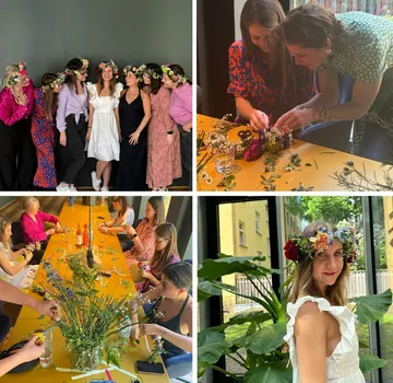 Frauen gestalten Blumenkränze in einem hellen Raum.