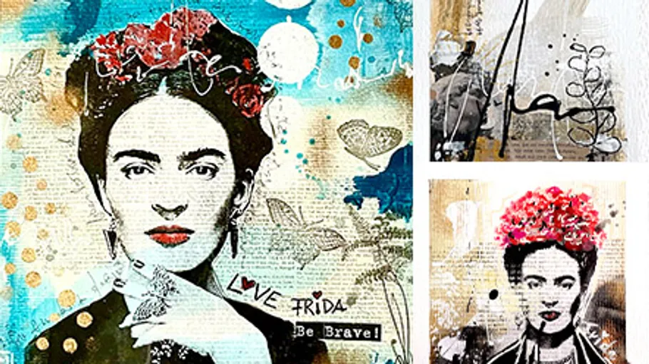 Von Frida inspiriertes Mixed-Media-Kunstwerk mit lebendigen Farben.