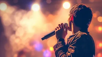 Person singing on stage with microphone.