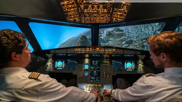 Two pilots operate the cockpit of an aircraft.