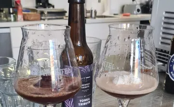 Zwei Gläser Bier stehen neben einer Flasche in einer Küche.