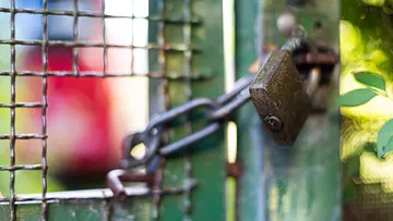 A castle hangs on a green outdoor gate.
