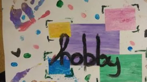 Bunt gestaltetes Plakat mit dem Wort „hobby“ in der Mitte.