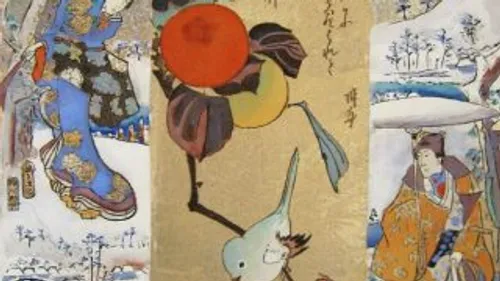 Drei historische japanische Kunstwerke zeigen verschiedene Szenen.