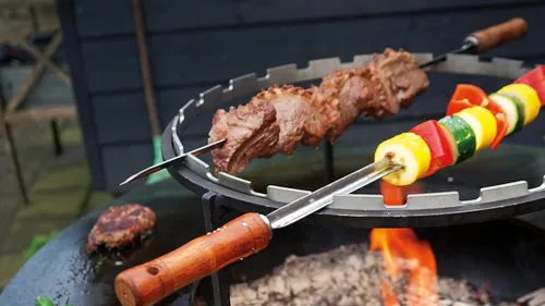 Grill meat and vegetables outdoors over an open fire.