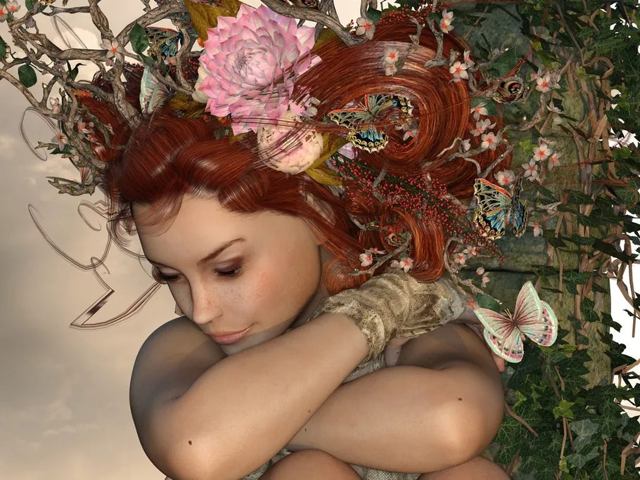 Woman hugs her knees surrounded by flowers and butterflies.