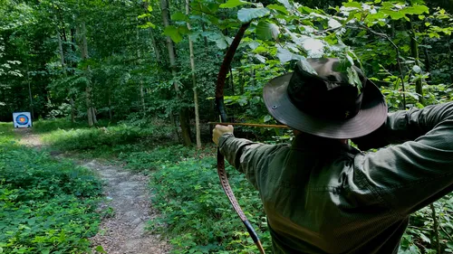 Archer aiming bow at target in forest.