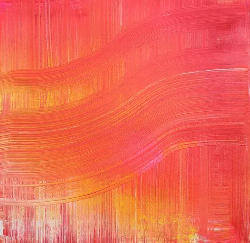Abstract painting in shades of red and orange, soft lines.