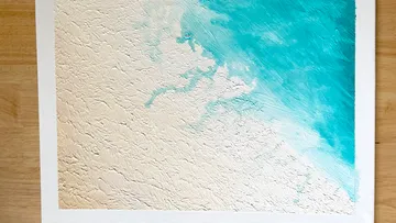 Textured painting shows a transition from beige to turquoise.