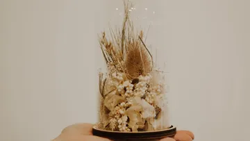 Hand holds glass dome with dried flowers in it.