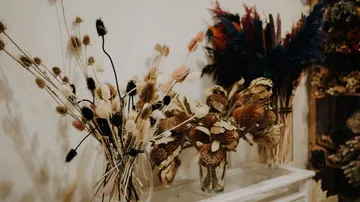 Trockenblumen in Vasen stehen auf einem weißen Tisch.