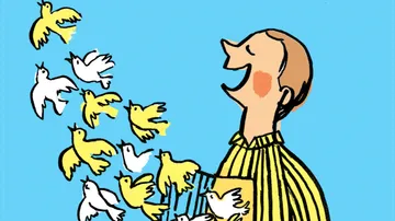 Man smiles and lets colorful birds fly.