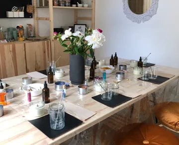 A table with materials for a creative activity.