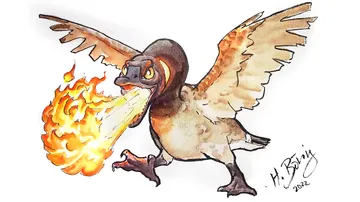 Ein feuerspeiender Vogel mit ausgebreiteten Flügeln.