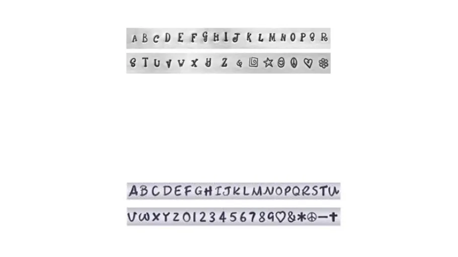 Letter and number stamps lie on a white background.