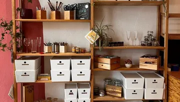 Shelf with storage containers, stationery and plants stands.