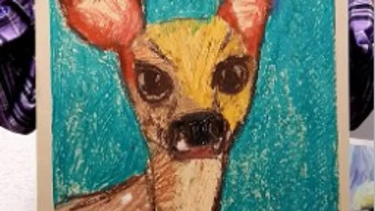 Hund mit großen Augen und buntem Hintergrund, gemalt.