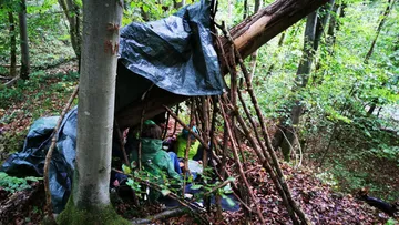 Eine Gruppe baut einen Unterschlupf im Wald.
