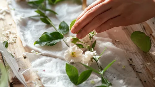Eine Hand platziert Blätter und Blumen auf Stoff.