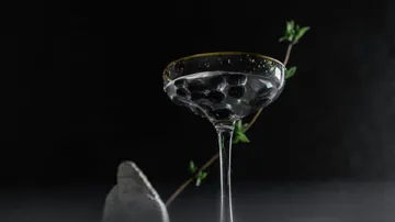 A cocktail glass with black berries, against a dark background, decorated with a branch, placed on a stone.