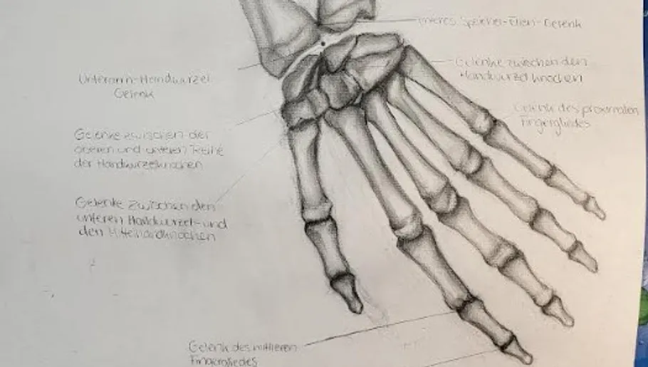 Hand skeleton with lettering shows joints and movements.