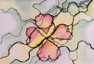 Bunte, stilisierte Blüten umgeben von geschwungenen Linien.