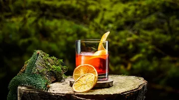 A drink is sitting on an outdoor tree stump.