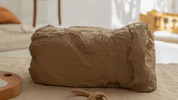 A block of sound is lying on a table in a bright room.