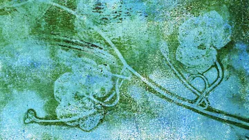 Blossoms stand out against a blue and green background.